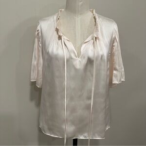 POOKIE & SEBASTIAN Satin Front Tie Pleated Short Sleeve Blouse Size Small